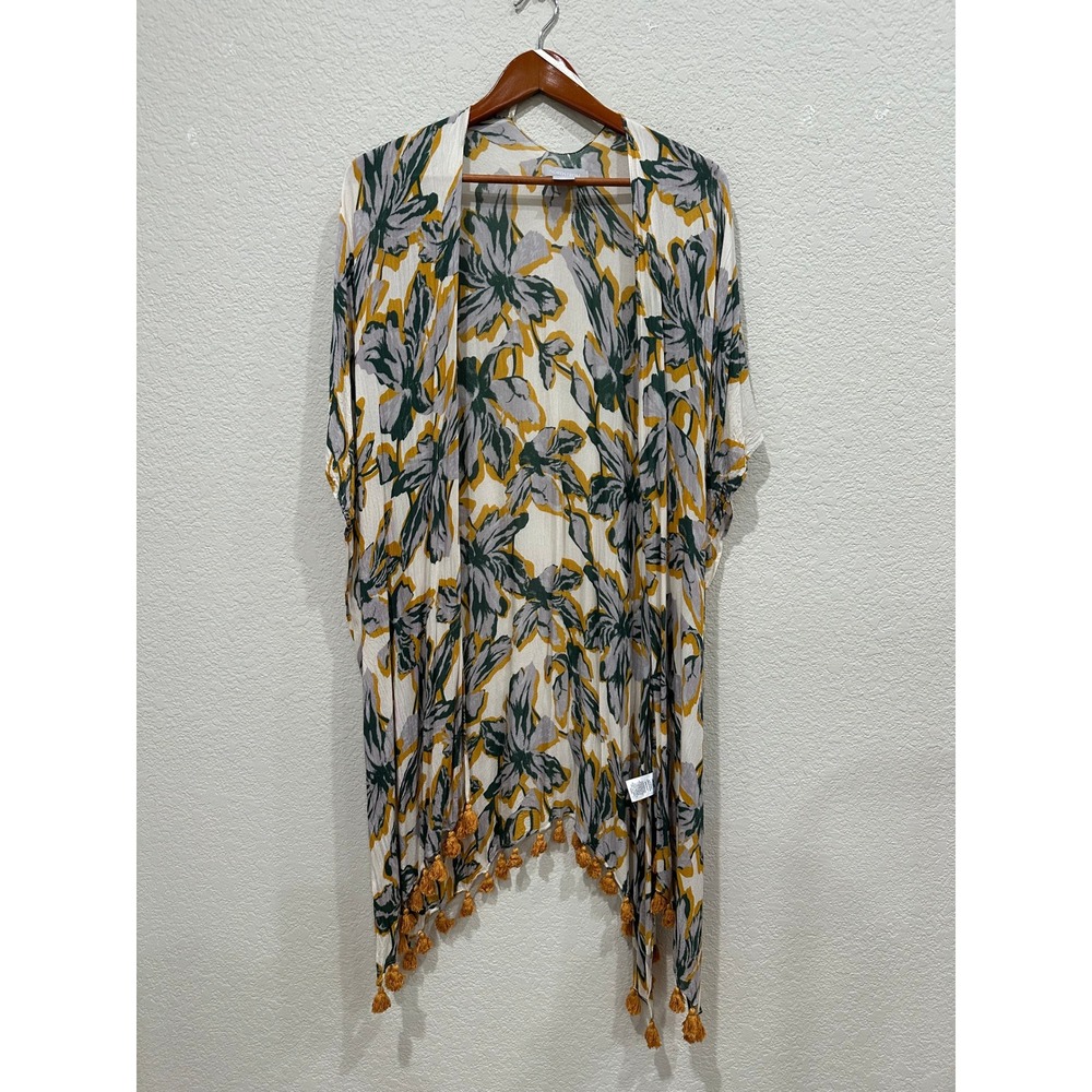 Nordstrom Floral Kimono Wrap Yellow Green Tassel Hem One Size Boho Cover‎ Up